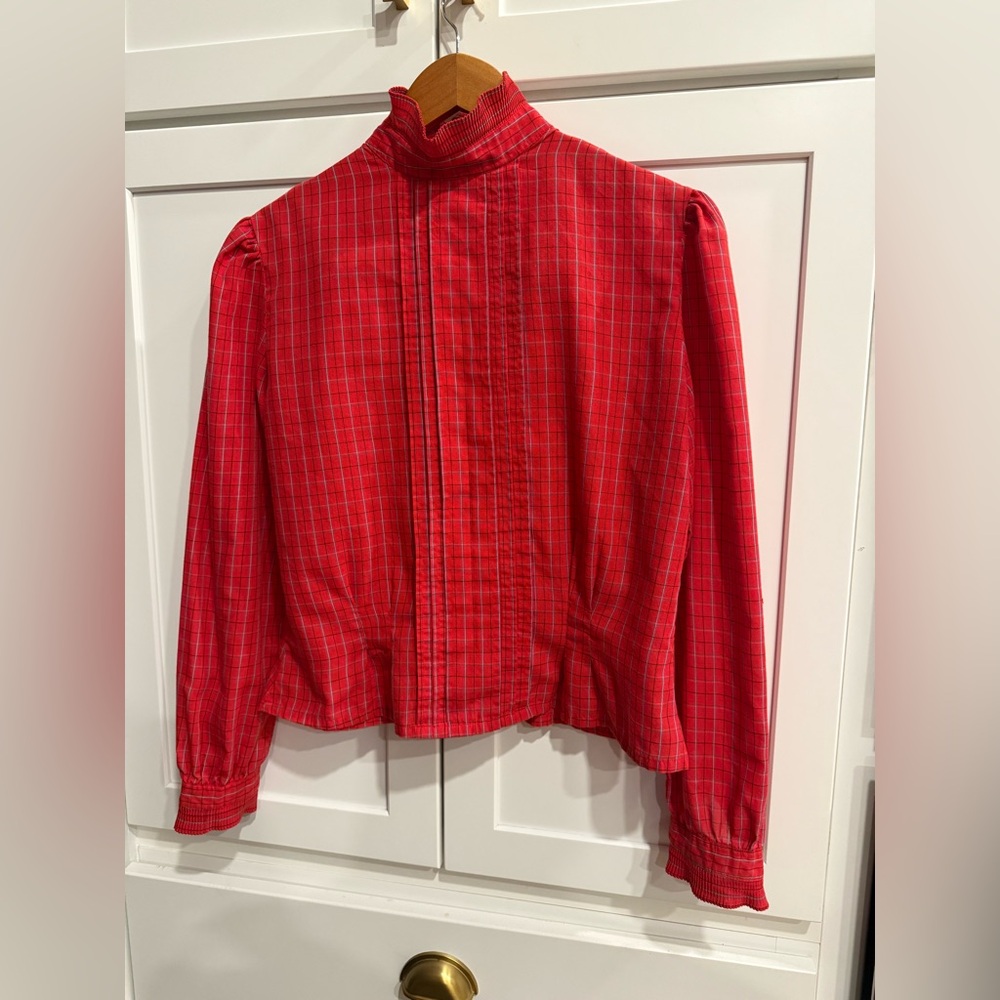 Vintage 1980’s Red Plaid High-Neck Blouse size L buttons in back